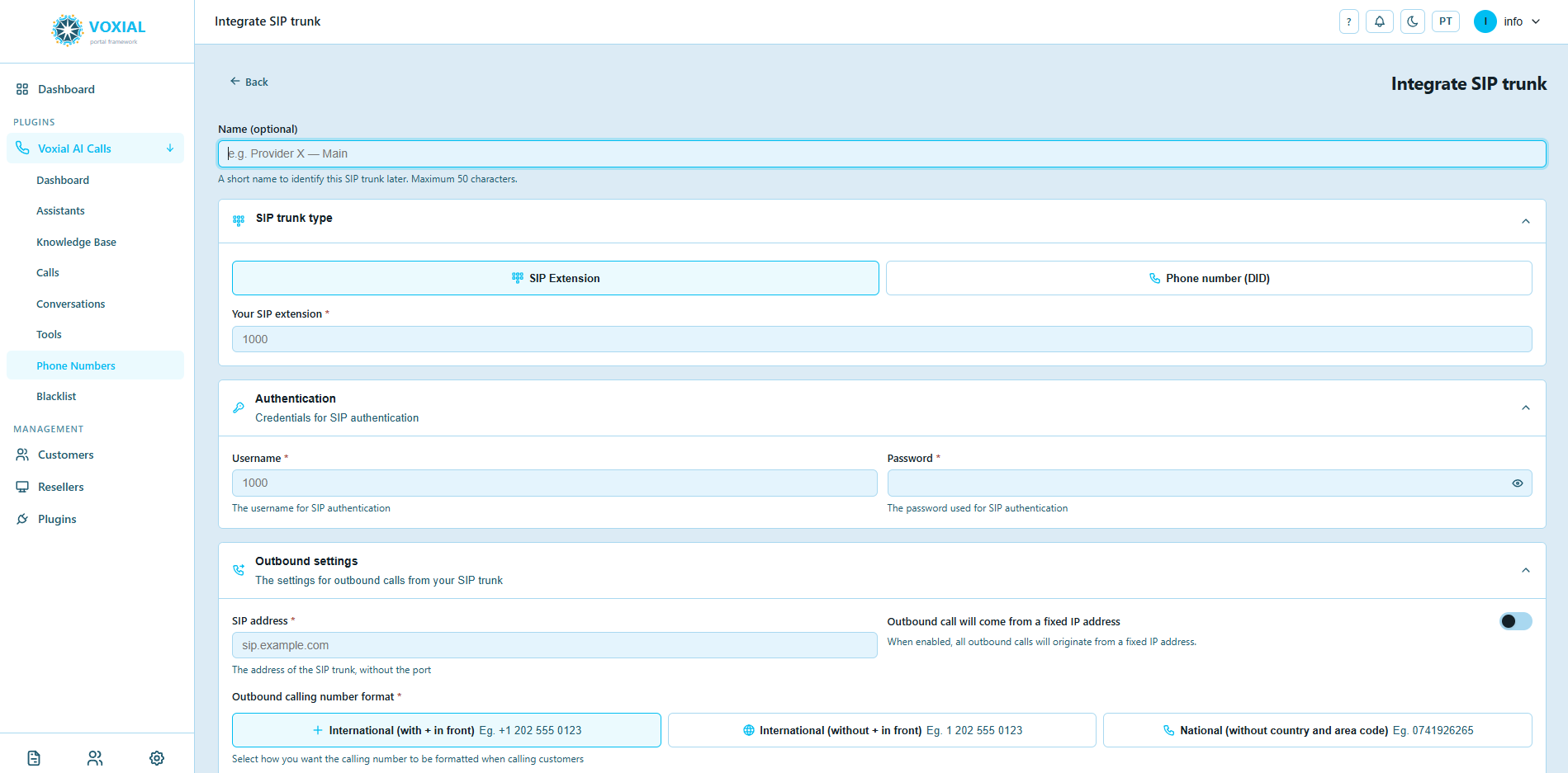 Imagem do portal VOXIAL — configuração de ligação SIP Trunk